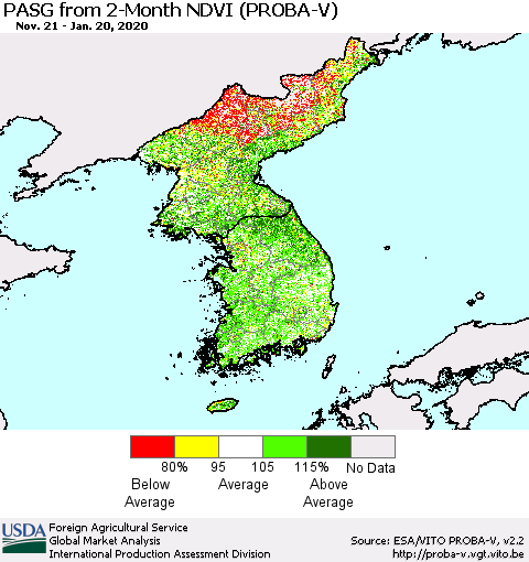Korea PASG from 2-Month NDVI (PROBA-V) Thematic Map For 1/11/2020 - 1/20/2020