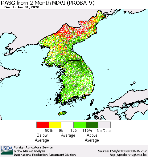 Korea PASG from 2-Month NDVI (PROBA-V) Thematic Map For 1/21/2020 - 1/31/2020