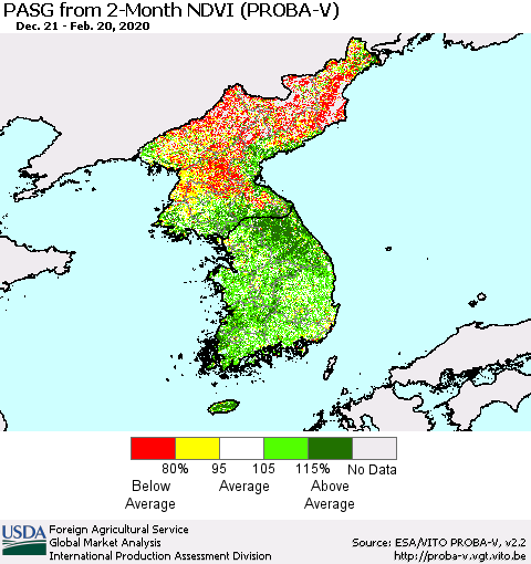 Korea PASG from 2-Month NDVI (PROBA-V) Thematic Map For 2/11/2020 - 2/20/2020