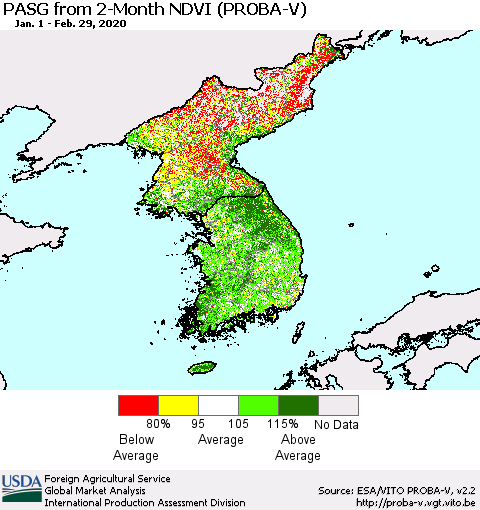 Korea PASG from 2-Month NDVI (PROBA-V) Thematic Map For 2/21/2020 - 2/29/2020
