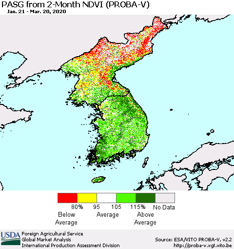 Korea PASG from 2-Month NDVI (PROBA-V) Thematic Map For 3/11/2020 - 3/20/2020