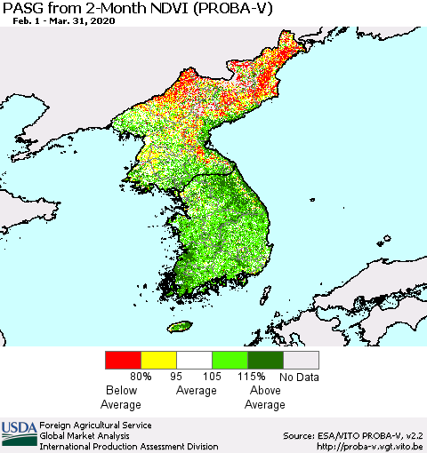 Korea PASG from 2-Month NDVI (PROBA-V) Thematic Map For 3/21/2020 - 3/31/2020