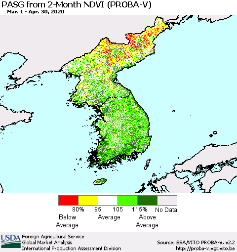 Korea PASG from 2-Month NDVI (PROBA-V) Thematic Map For 4/21/2020 - 4/30/2020