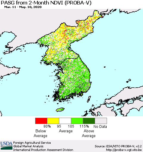Korea PASG from 2-Month NDVI (PROBA-V) Thematic Map For 5/1/2020 - 5/10/2020