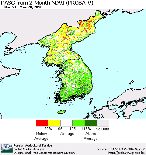 Korea PASG from 2-Month NDVI (PROBA-V) Thematic Map For 5/11/2020 - 5/20/2020