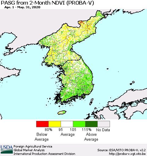 Korea PASG from 2-Month NDVI (PROBA-V) Thematic Map For 5/21/2020 - 5/31/2020