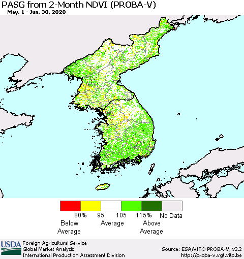 Korea PASG from 2-Month NDVI (PROBA-V) Thematic Map For 6/21/2020 - 6/30/2020