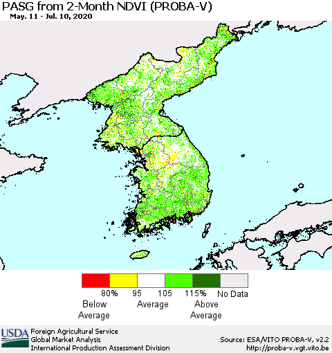 Korea PASG from 2-Month NDVI (PROBA-V) Thematic Map For 7/1/2020 - 7/10/2020