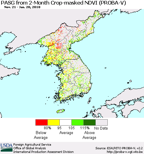 Korea PASG from 2-Month Crop-masked NDVI (PROBA-V) Thematic Map For 1/11/2018 - 1/20/2018