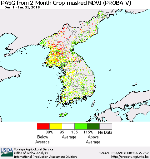 Korea PASG from 2-Month Crop-masked NDVI (PROBA-V) Thematic Map For 1/21/2018 - 1/31/2018