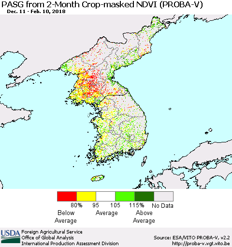 Korea PASG from 2-Month Crop-masked NDVI (PROBA-V) Thematic Map For 2/1/2018 - 2/10/2018