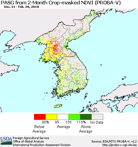 Korea PASG from 2-Month Crop-masked NDVI (PROBA-V) Thematic Map For 2/11/2018 - 2/20/2018