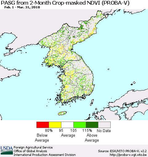 Korea PASG from 2-Month Crop-masked NDVI (PROBA-V) Thematic Map For 3/21/2018 - 3/31/2018