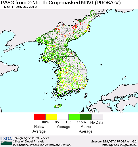 Korea PASG from 2-Month Crop-masked NDVI (PROBA-V) Thematic Map For 1/21/2019 - 1/31/2019