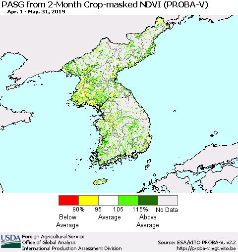 Korea PASG from 2-Month Crop-masked NDVI (PROBA-V) Thematic Map For 5/21/2019 - 5/31/2019