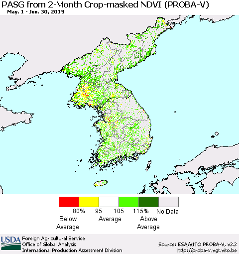 Korea PASG from 2-Month Crop-masked NDVI (PROBA-V) Thematic Map For 6/21/2019 - 6/30/2019
