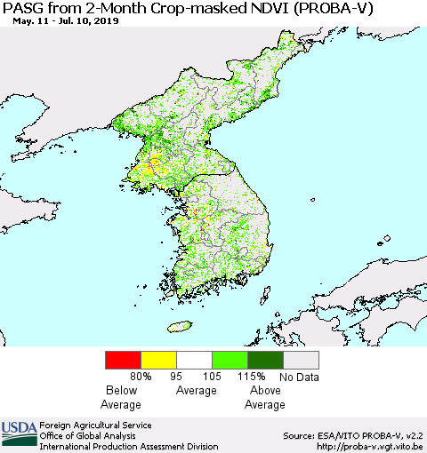 Korea PASG from 2-Month Crop-masked NDVI (PROBA-V) Thematic Map For 7/1/2019 - 7/10/2019