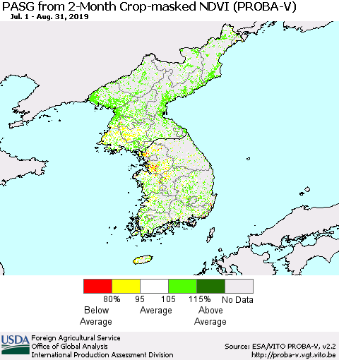 Korea PASG from 2-Month Crop-masked NDVI (PROBA-V) Thematic Map For 8/21/2019 - 8/31/2019