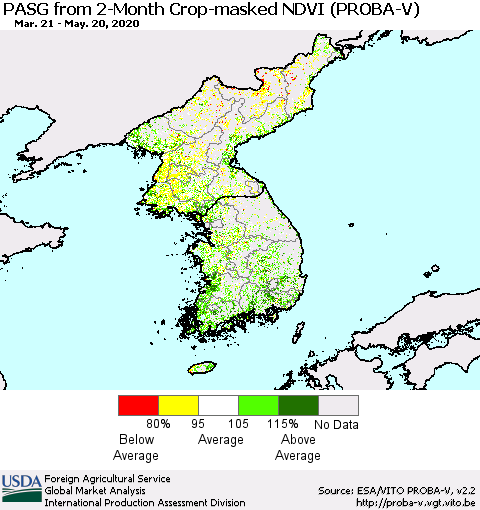 Korea PASG from 2-Month Crop-masked NDVI (PROBA-V) Thematic Map For 5/11/2020 - 5/20/2020