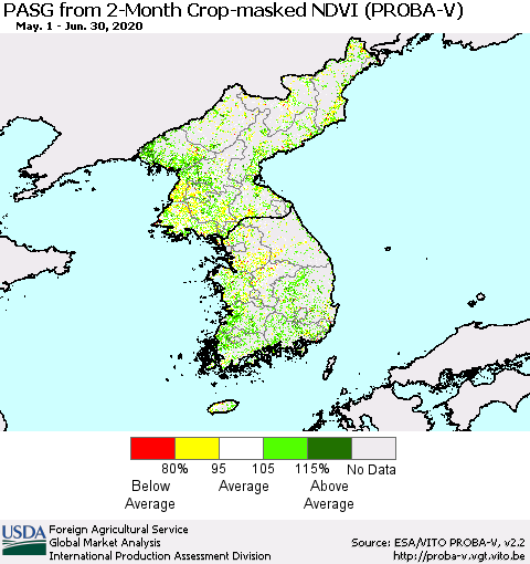 Korea PASG from 2-Month Crop-masked NDVI (PROBA-V) Thematic Map For 6/21/2020 - 6/30/2020