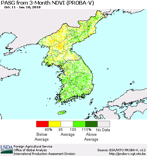 Korea PASG from 3-Month NDVI (PROBA-V) Thematic Map For 1/1/2018 - 1/10/2018