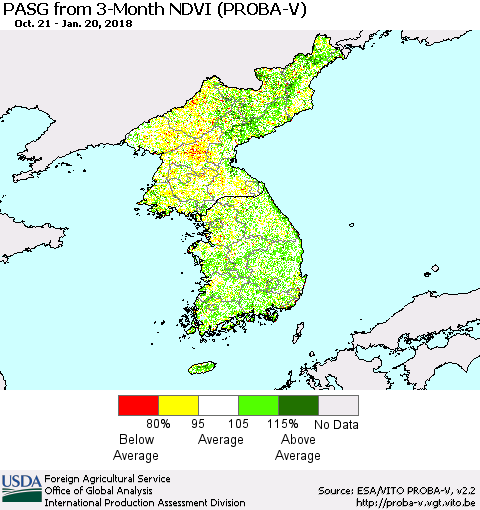 Korea PASG from 3-Month NDVI (PROBA-V) Thematic Map For 1/11/2018 - 1/20/2018