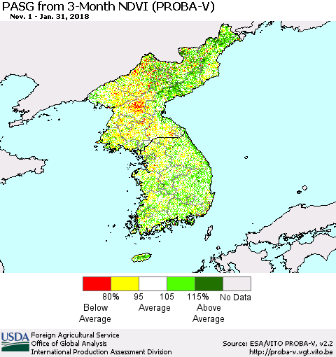 Korea PASG from 3-Month NDVI (PROBA-V) Thematic Map For 1/21/2018 - 1/31/2018