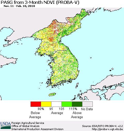 Korea PASG from 3-Month NDVI (PROBA-V) Thematic Map For 2/1/2018 - 2/10/2018