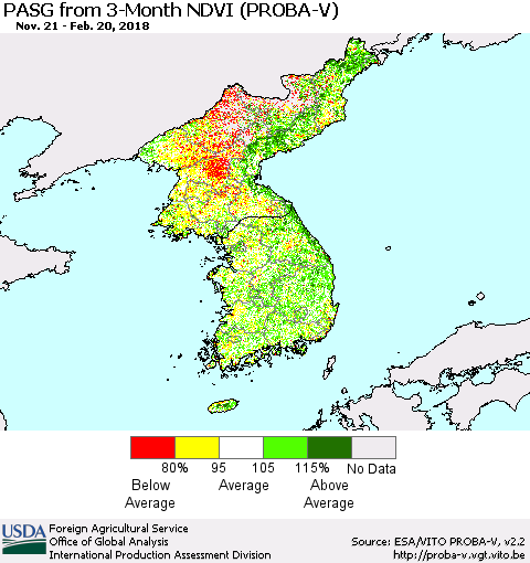 Korea PASG from 3-Month NDVI (PROBA-V) Thematic Map For 2/11/2018 - 2/20/2018