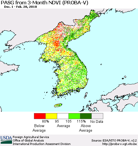 Korea PASG from 3-Month NDVI (PROBA-V) Thematic Map For 2/21/2018 - 2/28/2018