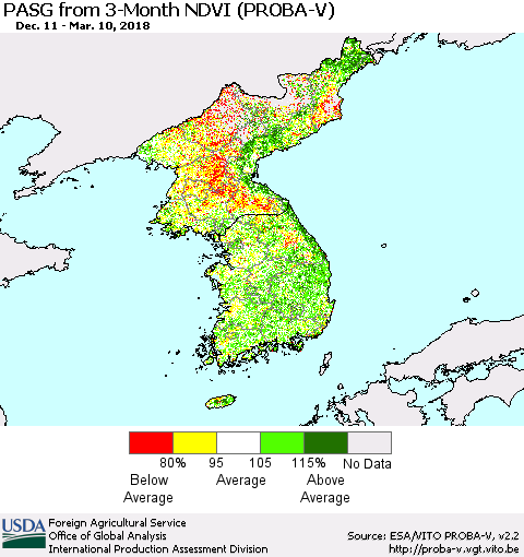 Korea PASG from 3-Month NDVI (PROBA-V) Thematic Map For 3/1/2018 - 3/10/2018