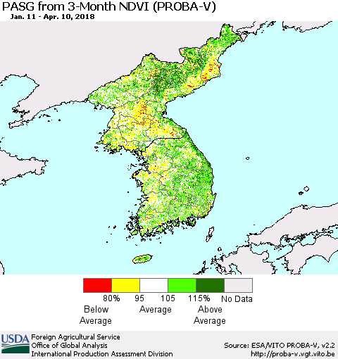 Korea PASG from 3-Month NDVI (PROBA-V) Thematic Map For 4/1/2018 - 4/10/2018