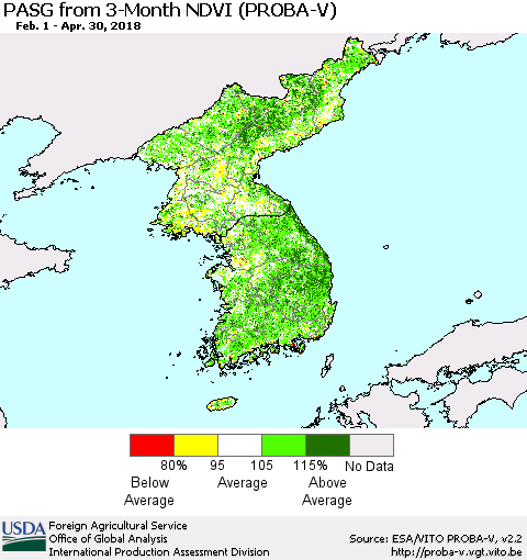 Korea PASG from 3-Month NDVI (PROBA-V) Thematic Map For 4/21/2018 - 4/30/2018