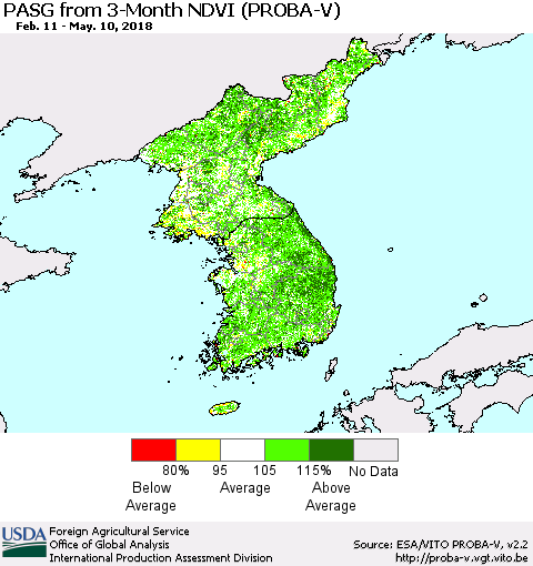 Korea PASG from 3-Month NDVI (PROBA-V) Thematic Map For 5/1/2018 - 5/10/2018