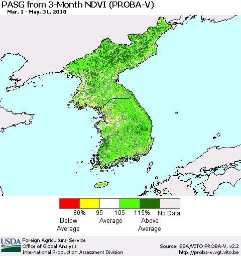 Korea PASG from 3-Month NDVI (PROBA-V) Thematic Map For 5/21/2018 - 5/31/2018