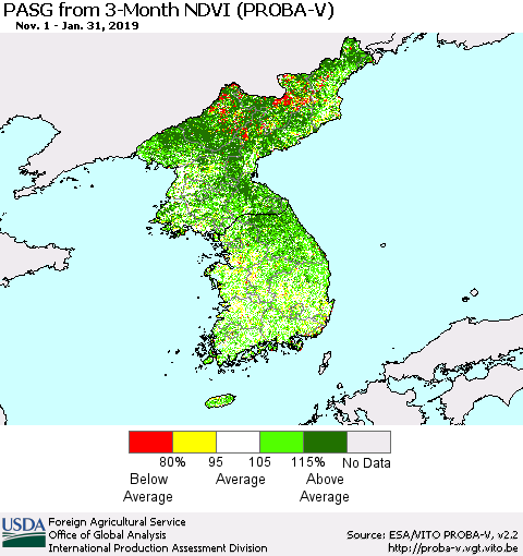 Korea PASG from 3-Month NDVI (PROBA-V) Thematic Map For 1/21/2019 - 1/31/2019