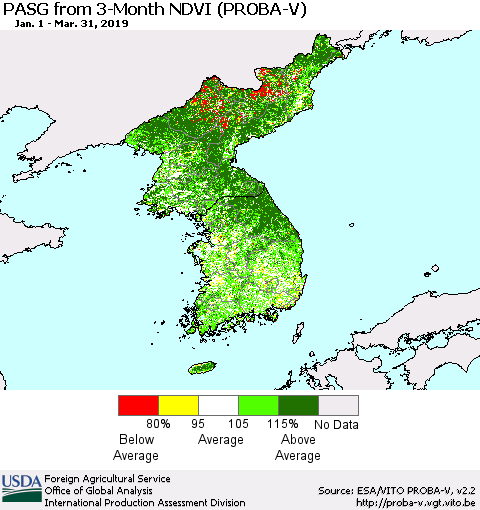 Korea PASG from 3-Month NDVI (PROBA-V) Thematic Map For 3/21/2019 - 3/31/2019