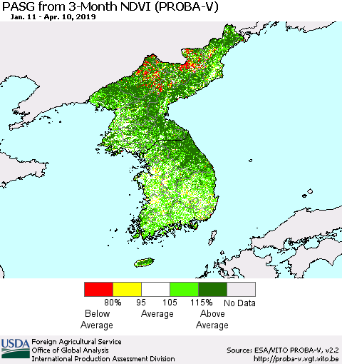 Korea PASG from 3-Month NDVI (PROBA-V) Thematic Map For 4/1/2019 - 4/10/2019