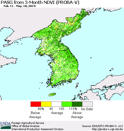 Korea PASG from 3-Month NDVI (PROBA-V) Thematic Map For 5/1/2019 - 5/10/2019