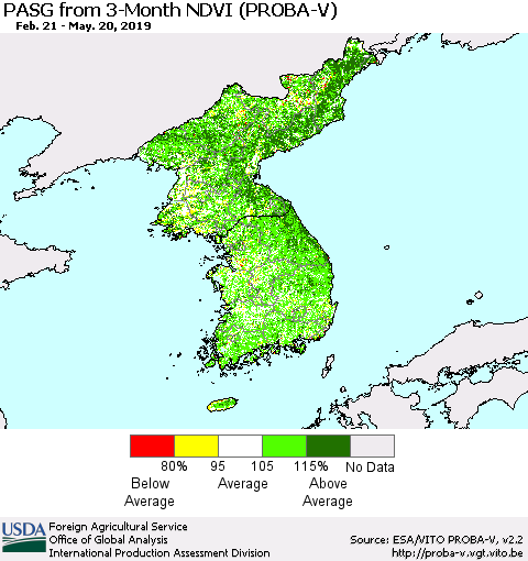Korea PASG from 3-Month NDVI (PROBA-V) Thematic Map For 5/11/2019 - 5/20/2019