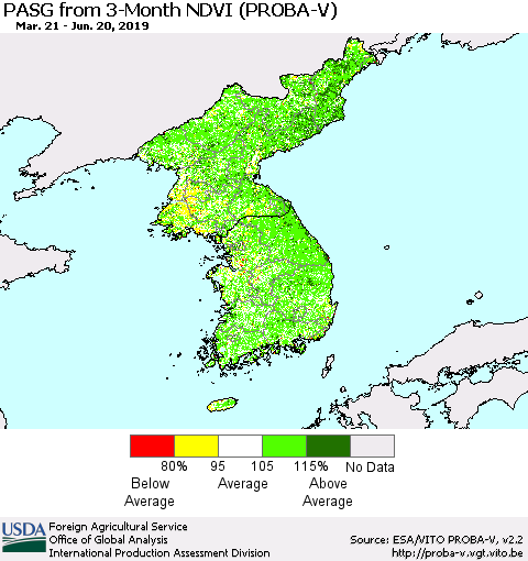Korea PASG from 3-Month NDVI (PROBA-V) Thematic Map For 6/11/2019 - 6/20/2019