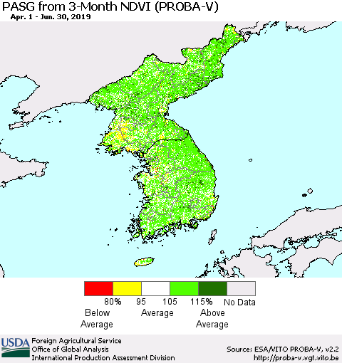 Korea PASG from 3-Month NDVI (PROBA-V) Thematic Map For 6/21/2019 - 6/30/2019