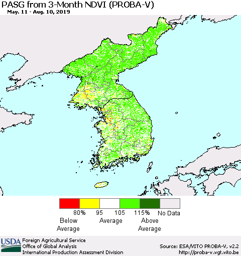 Korea PASG from 3-Month NDVI (PROBA-V) Thematic Map For 8/1/2019 - 8/10/2019
