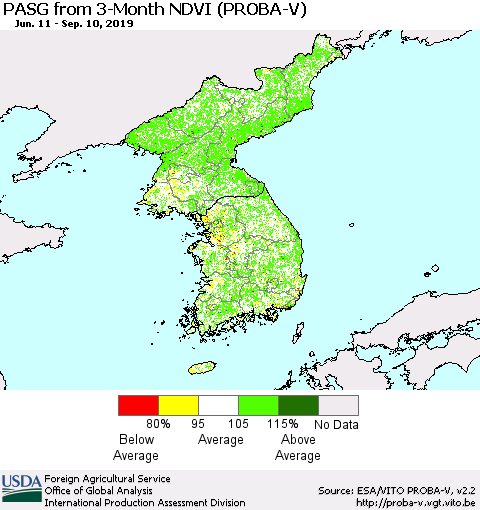 Korea PASG from 3-Month NDVI (PROBA-V) Thematic Map For 9/1/2019 - 9/10/2019