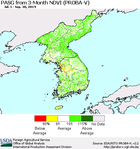 Korea PASG from 3-Month NDVI (PROBA-V) Thematic Map For 9/21/2019 - 9/30/2019