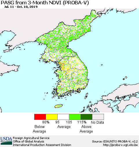 Korea PASG from 3-Month NDVI (PROBA-V) Thematic Map For 10/1/2019 - 10/10/2019