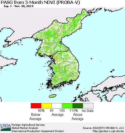 Korea PASG from 3-Month NDVI (PROBA-V) Thematic Map For 11/21/2019 - 11/30/2019