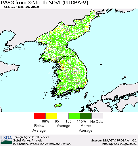 Korea PASG from 3-Month NDVI (PROBA-V) Thematic Map For 12/1/2019 - 12/10/2019