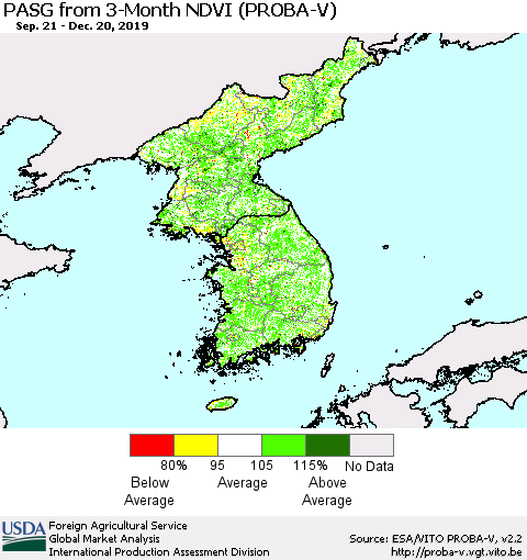 Korea PASG from 3-Month NDVI (PROBA-V) Thematic Map For 12/11/2019 - 12/20/2019