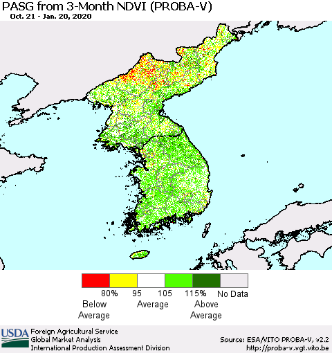 Korea PASG from 3-Month NDVI (PROBA-V) Thematic Map For 1/11/2020 - 1/20/2020
